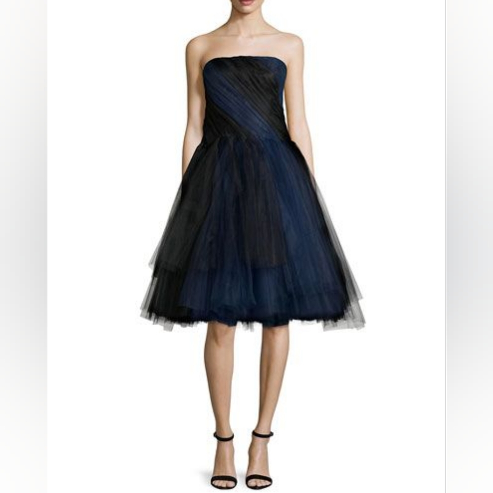 $5,700 OSCAR DE LA RENTA EXCLUS SILK LINED BLUE BLACK TULLE RUNWAY DRESS US 0 - Picture 3 of 13